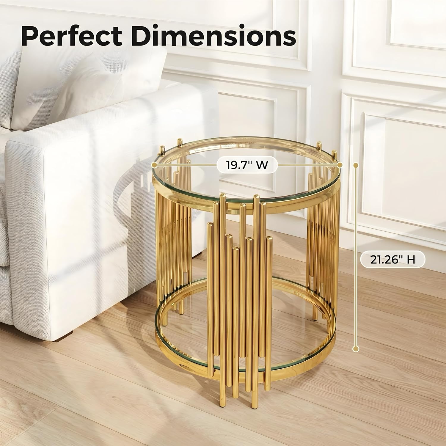 2 Tier Round Side Table with Tempered Glass Top, Modern End Table with Stainless Steel Legs for Living Room Home Office,Gold+Clear