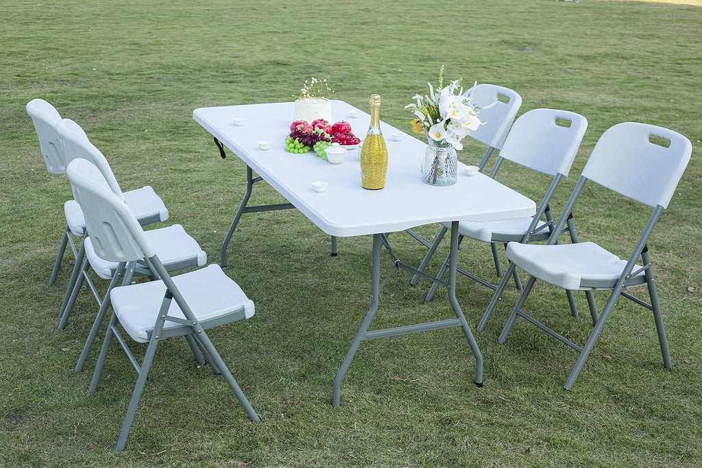 6FT Folding Table, Portable Fold-in-Half Plastic Utility Table with Carrying Handle, Heavy Duty Indoor Outdoor Dining Picnic Camping Party Table, Waterproof & Scratch Resistant, White
