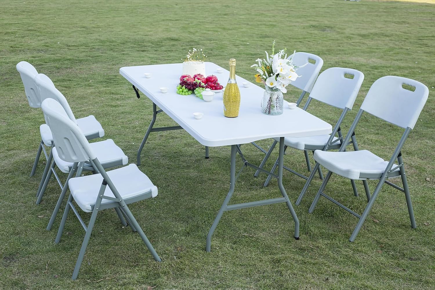 6FT Folding Table, Portable Fold-in-Half Plastic Utility Table with Carrying Handle, Heavy Duty Indoor Outdoor Dining Picnic Camping Party Table, Waterproof & Scratch Resistant, White