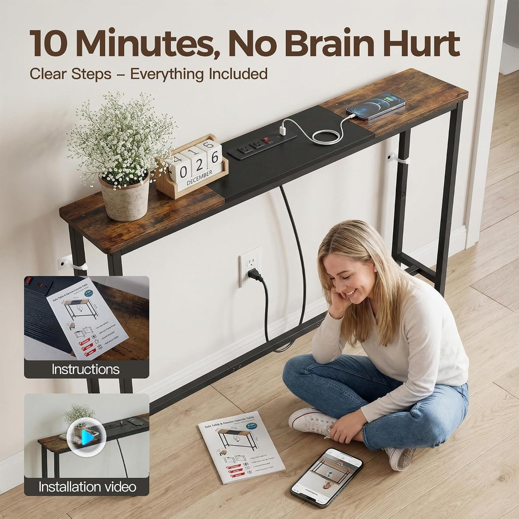 8.6" Narrow Console Table Behind Couch, 39.7” L x 32.3” H, Slim Sofa Table with Fast Charging Station for Small Spaces, Skinny Entryway & Hallway Table, Easy Assembly