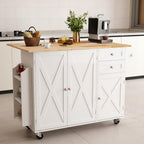 HOMREST 50.4" Kitchen Island with Drop Leaf & Power Outlet, Farmhouse Rolling Island Cart with 3 Spices Shelves on Wheels, Mobil Kitchen Island Table with Rubberwood Countertop Towel Rack, White