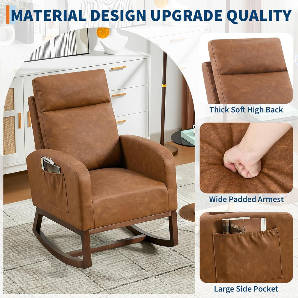 Nursery Rocking Chair with High Backrest and Side Pocket, Glider Accent Armchair with Rubber Wood Legs for Living Room, Bedroom, or Nursery, PU Vintage Brown