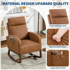 Leather Glider Chair, Modern Rocking Chair, Nursery Faux Leather Glider Chair with Rubber Wood Legs and Side Pocket, Rocking Accent Armchair for Living Room, Bedroom, Brown