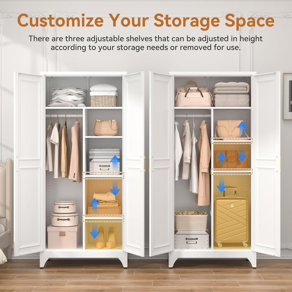 Polup Metal Armoire Wardrobe Closet, 71" Tall White Wardrobe Cabinet with 2 Doors, Hanging Rod and Adjustable Shelves, Steel Clothing Storage Cabinet for Bedroom, Home, Employee, Gym, Office