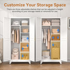 Polup Metal Armoire Wardrobe Closet, 71" Tall White Wardrobe Cabinet with 2 Doors, Hanging Rod and Adjustable Shelves, Steel Clothing Storage Cabinet for Bedroom, Home, Employee, Gym, Office