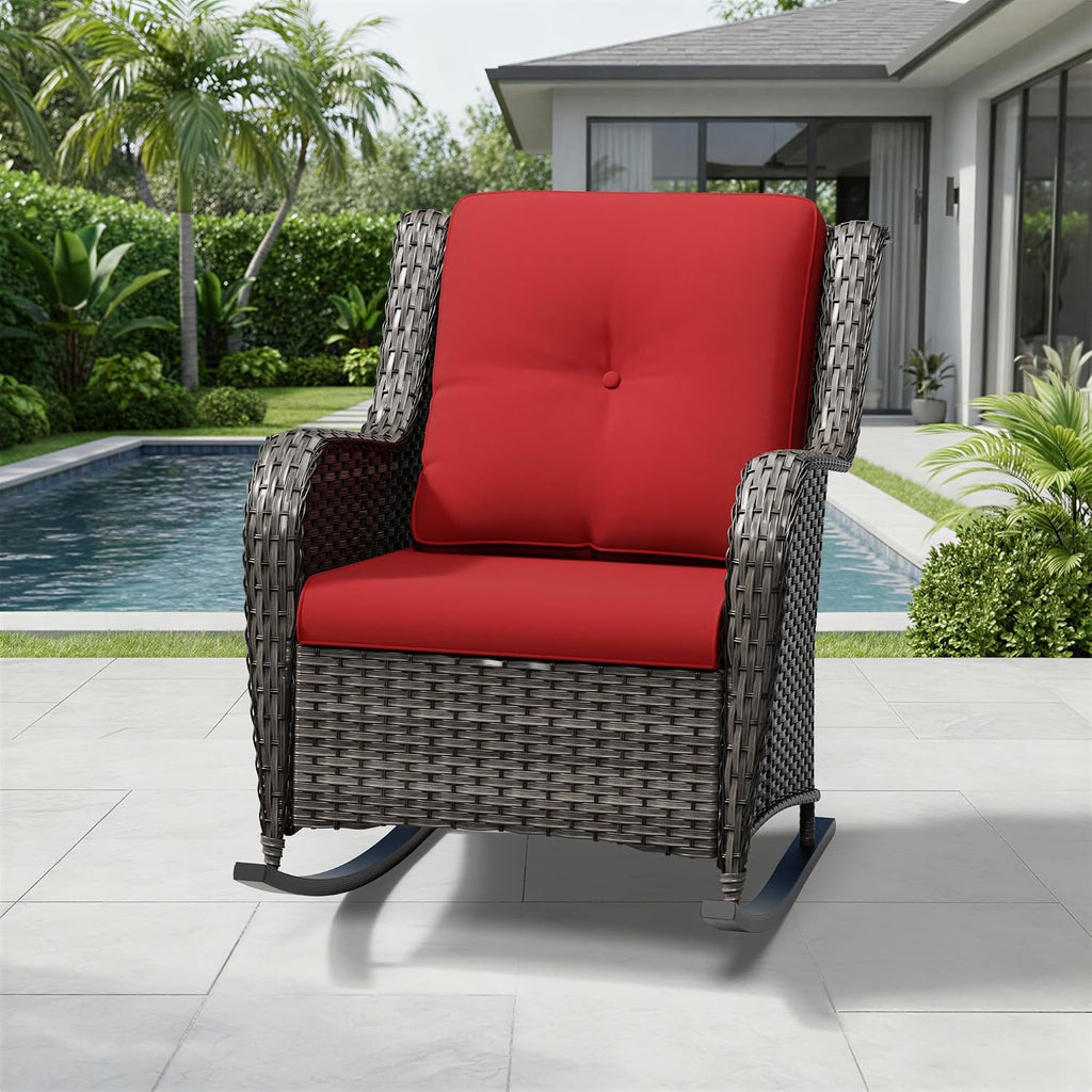 Joyside Outdoor Rocking Chair, Wicker Patio Furniture with High Back, Deep Seating, Wide Armrest, Thickened Cushions, Outdoor Rattan Furniture for Deck, Porch Use