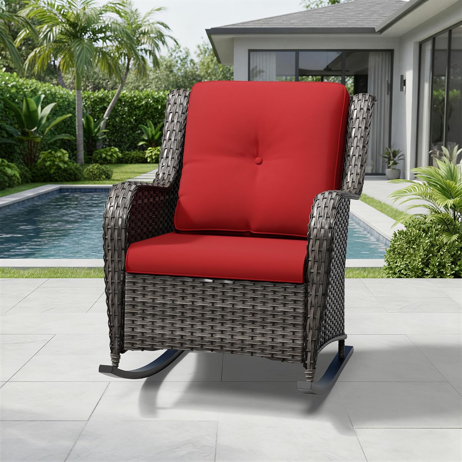 Joyside Outdoor Rocking Chair, Wicker Patio Furniture with High Back, Deep Seating, Wide Armrest, Thickened Cushions, Outdoor Rattan Furniture for Deck, Porch Use