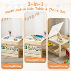 EXPERLAM Kids Table and 2 Chairs Set, Wooden Toddler Activity Table with Adjustable Drawing Tabletop, Safety Hinges, Storage Drawers &Bookshelf for Playroom, Nursery, Ages 1-6, Burlywood