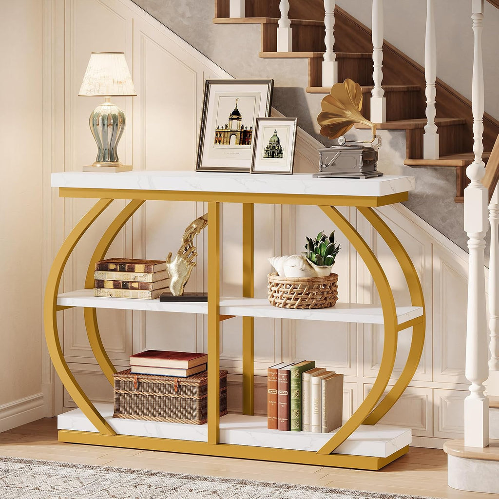 Tribesigns 41.3" Console Table, Industrial 3-Tier Entryway Table with Arched Metal Frame and Storage Shelves for Living Room, Hallway, White Gold