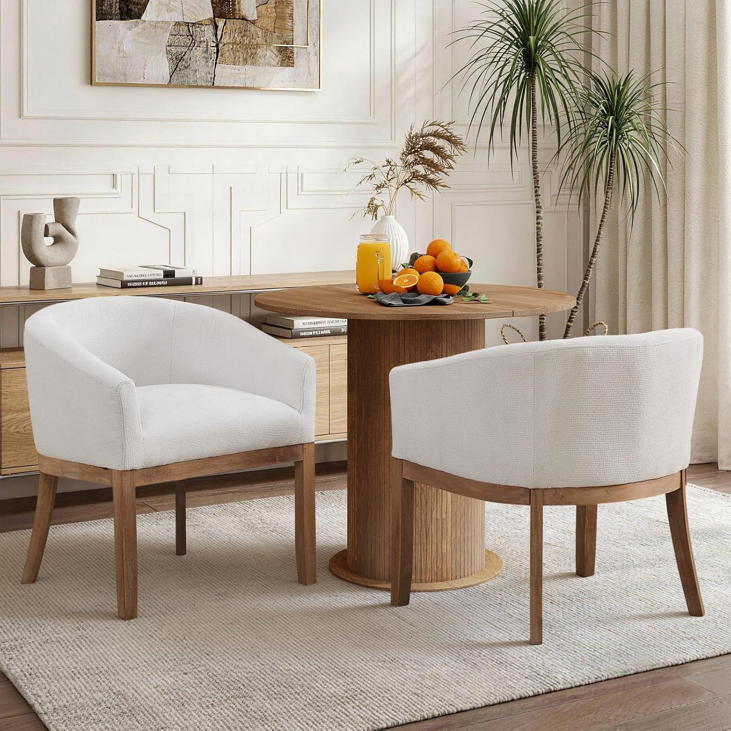3-Piece Dining Table Set for 2 – 31.5" Round Storage Pedestal Table & 2 Linen Barrel Armchairs, Space-Saving Breakfast Nook for Small Apartments