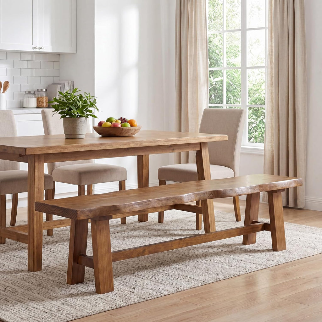 63" Long Solid Wood Dining Bench, Farmhouse Entryway Bench with Angled Legs for Dining Room, Kitchen, Entryway, Rustic Brown