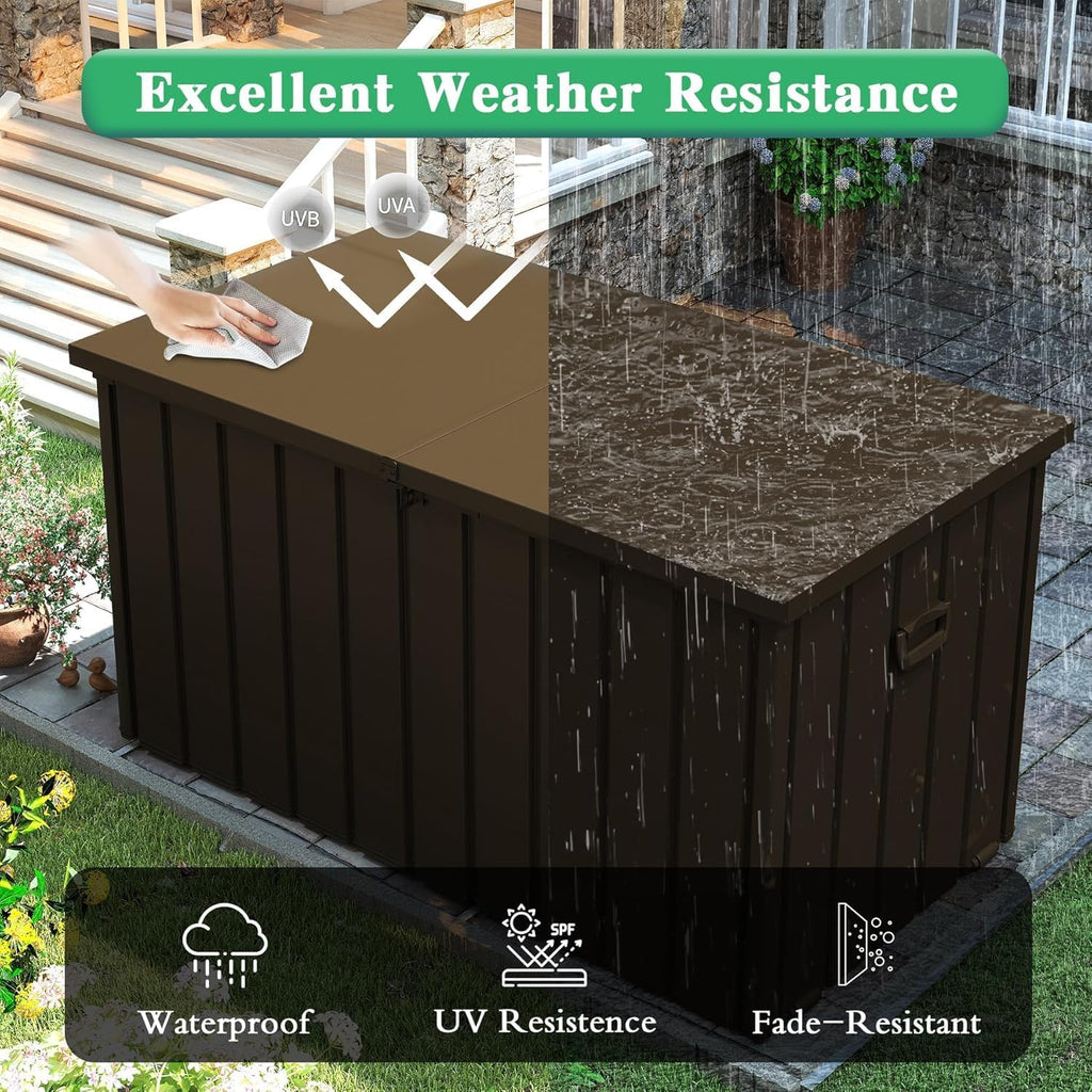 Steel & Plastic Outdoor Storage Box, Lockable Patio Storage Bench with Hydraulic Lid, Side Handles & Rolling Wheels for Backyard Garden Pool Tools and Furniture Accessories (Brown)