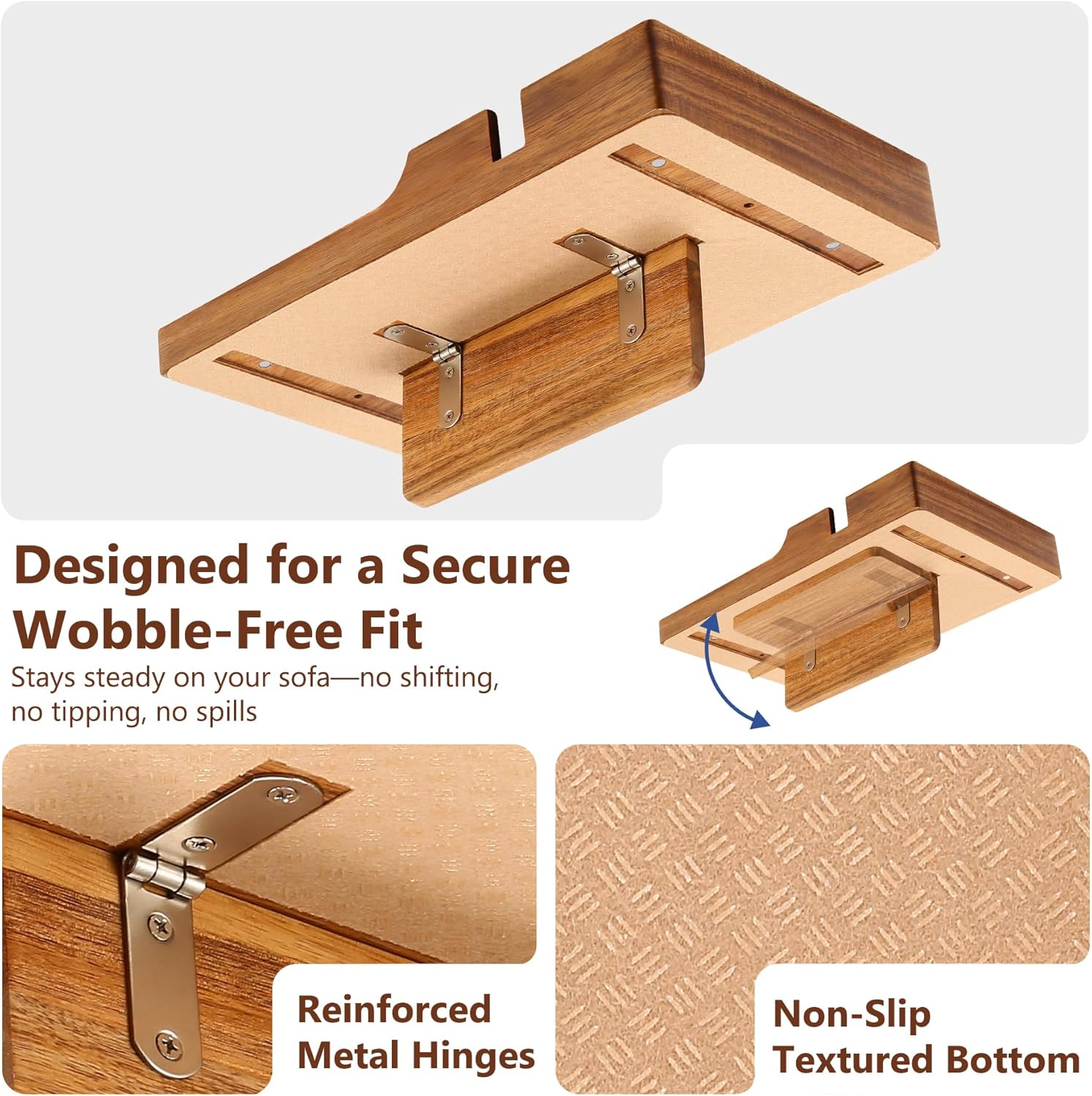 Couch Insert Tray for Middle Seat, Acacia Wood Couch Table with 2 Cup Holders, Fits Armless Sofa & Sectionals, Fold-Flat Tray for Drinks, Snacks & Remotes