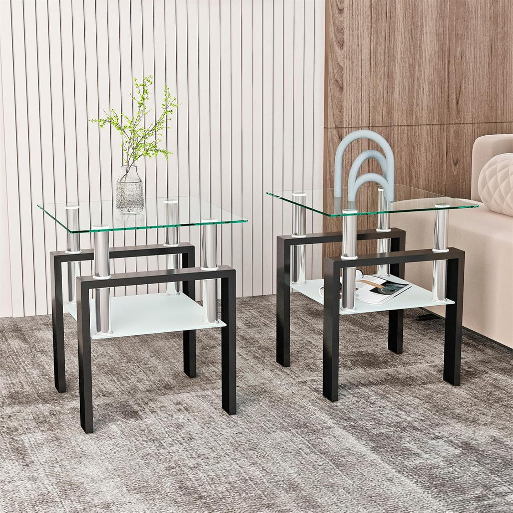 Square Glass End Table Set of 2, Clear Tempered Glass Top with Frosted Lower Shelf, Black Metal Legs, Square Sofa Side Table for Living Room Bedroom, 17.72x17.72x20.5 Inch, 150 lbs Capacit