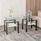 Square Glass End Table Set of 2, Clear Tempered Glass Top with Frosted Lower Shelf, Black Metal Legs, Square Sofa Side Table for Living Room Bedroom, 17.72x17.72x20.5 Inch, 150 lbs Capacit