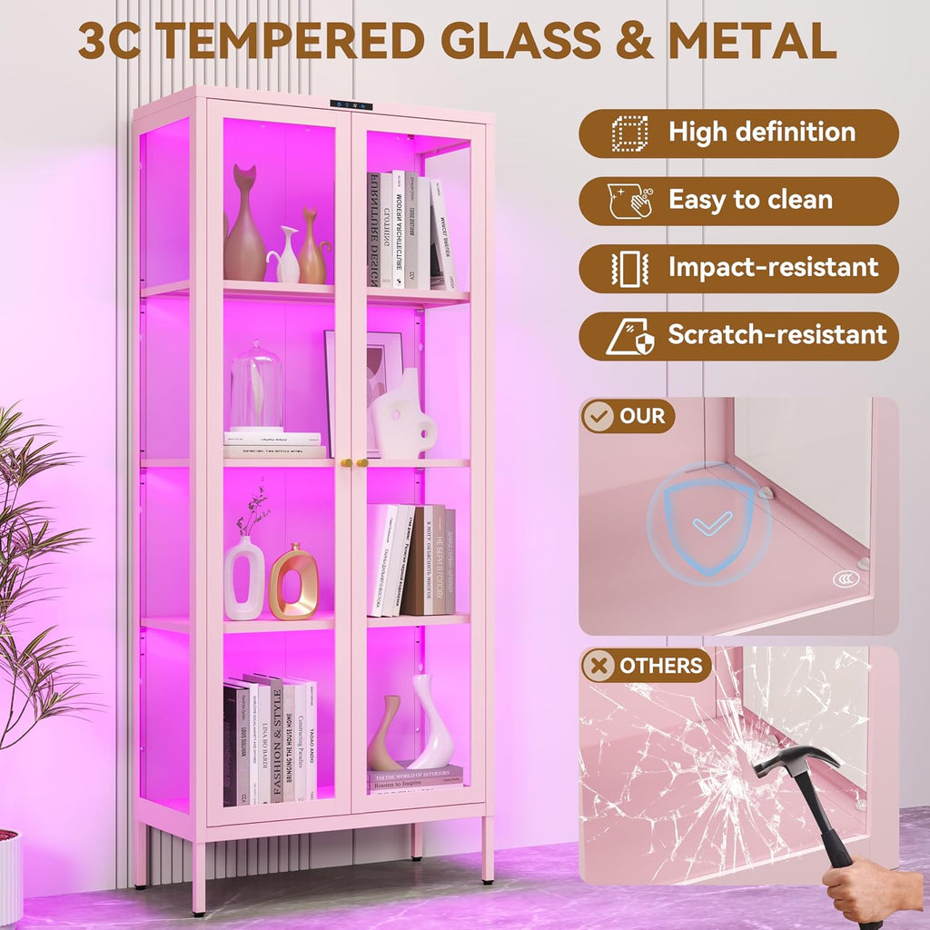 Polup Glass Display Cabinet with Glass Doors, Metal Curio Cabinet with 8-Color LED Lights, 66 Inch Tall Display Case for Collectibles, Pink China Cabinet for Living Room, Assembly Required