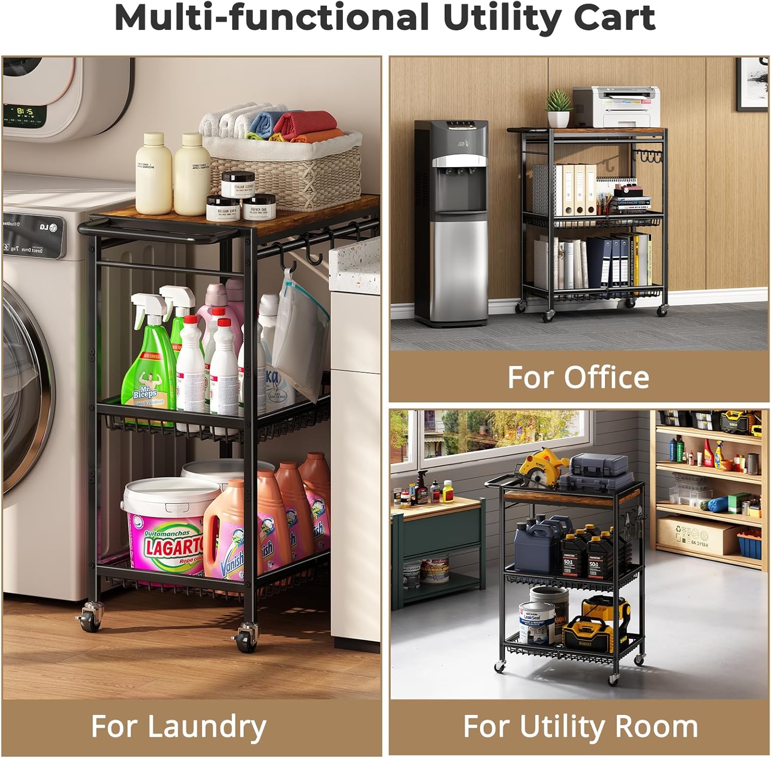 Microwave Kitchen Cart with Push Handle, 3 Tier Rolling Cart with 2 Lockable Wheels, Vintage Kitchen Storage Cart with 210Lbs Capacity for Kitchen Island, Restaurant, Coffee Bar, Living Room, Office
