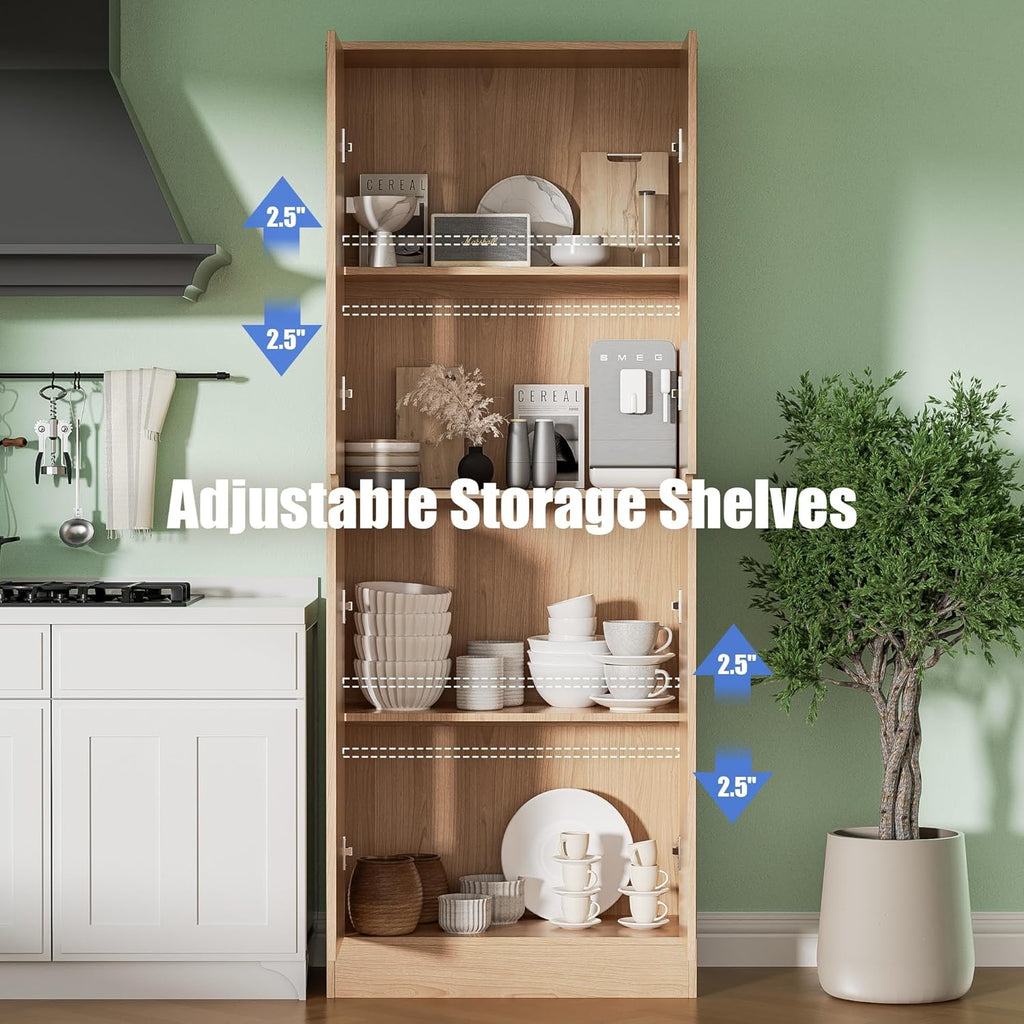 Housoul 71" Tall Freestanding Pantry Cabinet, 4 Doors Larder Cupboard with Adjustable Shelves, Kitchen Hutch for Kitchen & Dining Room, Oak
