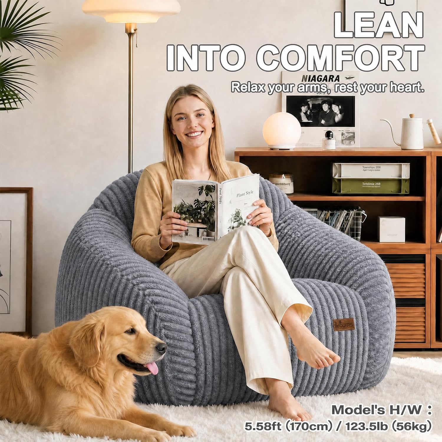 Bean Bag Chair with Armrests, Comfy Corduroy Bean Bag with Removable Cover, Handle for Adults, Oversized Floor Beanbag Couch for Living Room Bedroom Dorm (XL-Gray)