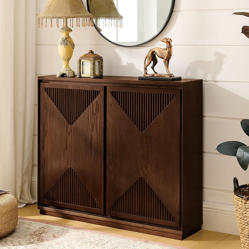 LKTART Mid Century Modern Sideboard Buffet Storage Cabinet with Doors and Shelves,Wood Coffee Bar Storage Cabinets for Kitchen, Dining Room, Living Room-Dark Walnut