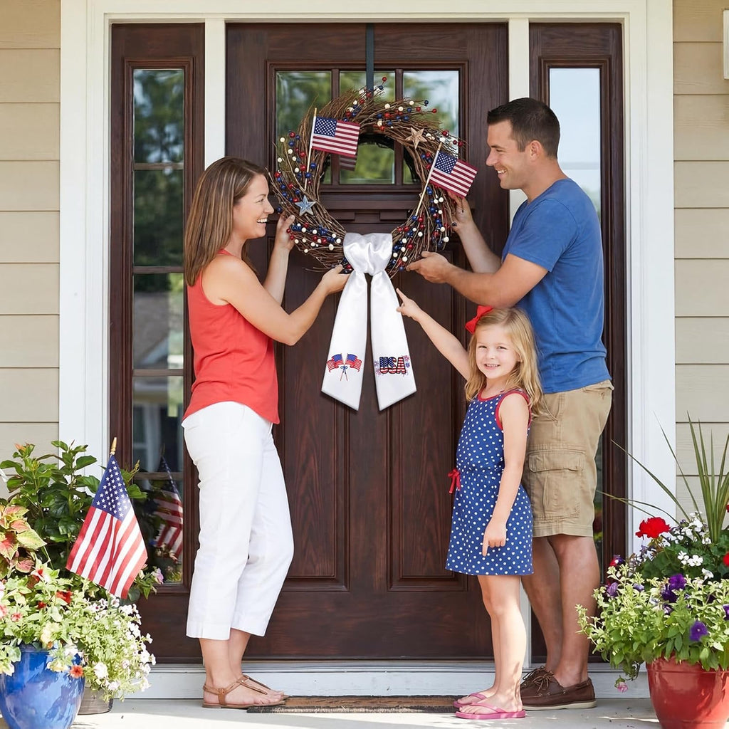 250th Anniversary Wreath Sash for Front Door 4.5'' x 56'' 4th of July Wreath Sash with USA Flags Red White and Blue Patriotic Decor for Independence Memorial Day Porch Yard Door Home Decor