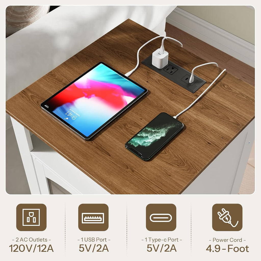 HOOBRO Farmhouse End Tables Set of 2 for Living Room, 17.7" Wide Nightstands with Charging Station, Wooden Sofa Side Tables with Tempered Glass Barn Door and Open Shelf, White and Walnut