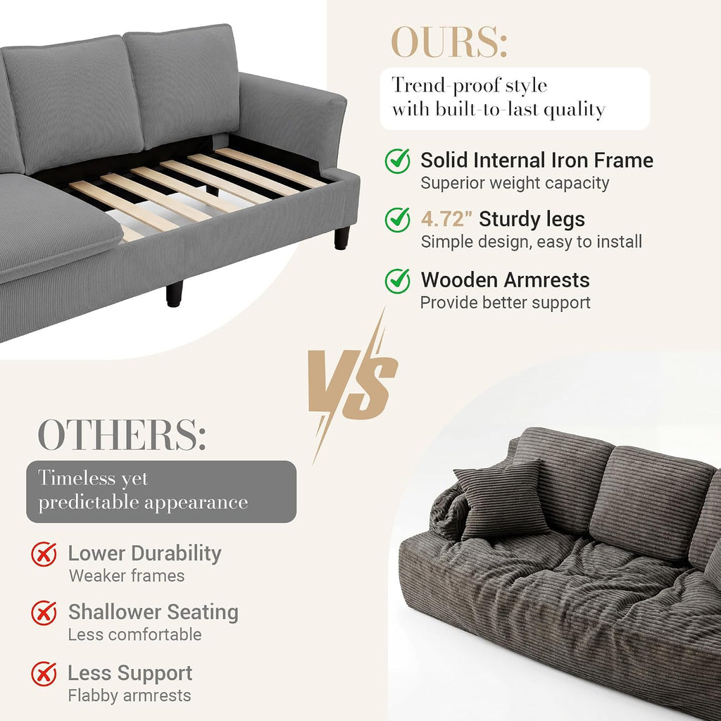GRUSIGN 3 Seater Corduroy Couch, 89" Comfy Couch with Deep Seat, Modern Sofa Couch for Living Room, Office, Bedroom, Apartment (Pillows not Included)