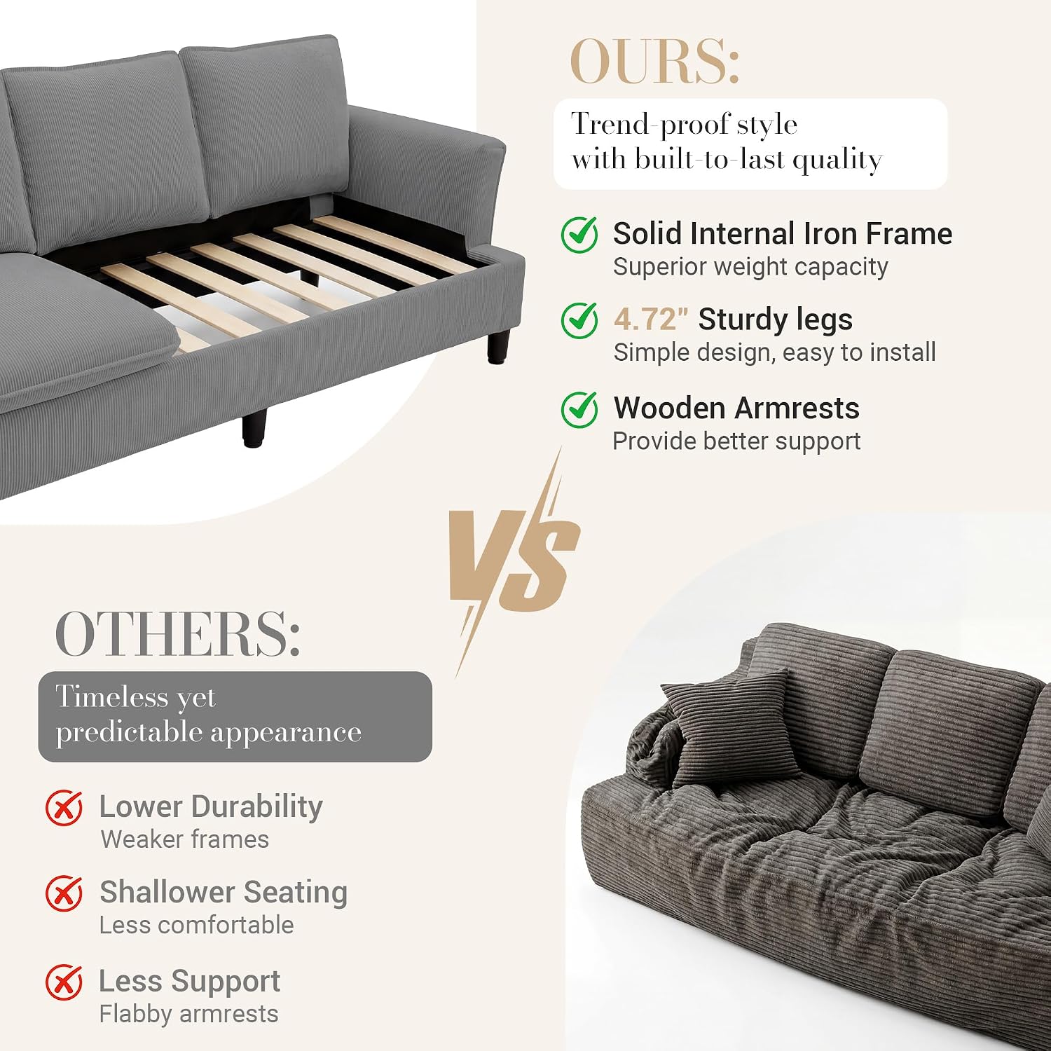 GRUSIGN 3 Seater Corduroy Couch, 89" Comfy Couch with Deep Seat, Modern Sofa Couch for Living Room, Office, Bedroom, Apartment (Pillows not Included)