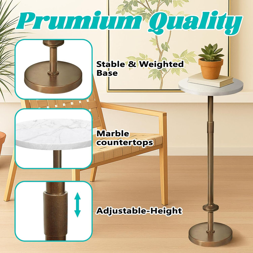 Martini Table Height Adjustable, Drink Tables for Small Spaces, Round Side Table, Tiny Side Tables for Living Room, Bedroom, Cocktail (White)