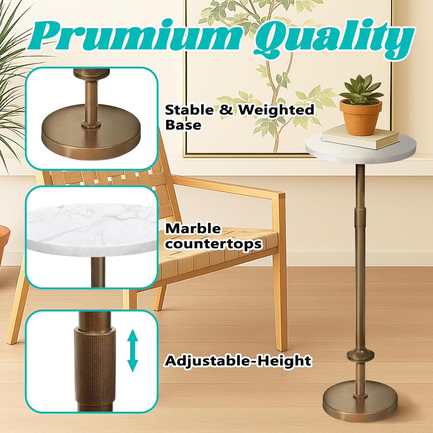Martini Table Height Adjustable, Drink Tables for Small Spaces, Round Side Table, Tiny Side Tables for Living Room, Bedroom, Cocktail (White)