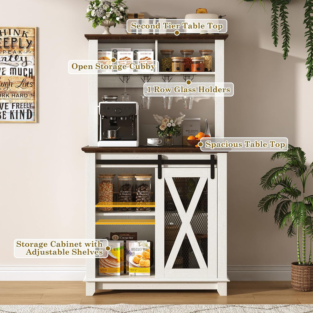 31.5"Wide Farmhouse Coffee Bar Cabinet with LED Light,Wine Bar Cabinet w/2 Storage Hutch,Kitchen Buffet Cabinet w/Sliding Barn Door & Wine and Glass Racks for Kitchen Dining Room(Antique White)
