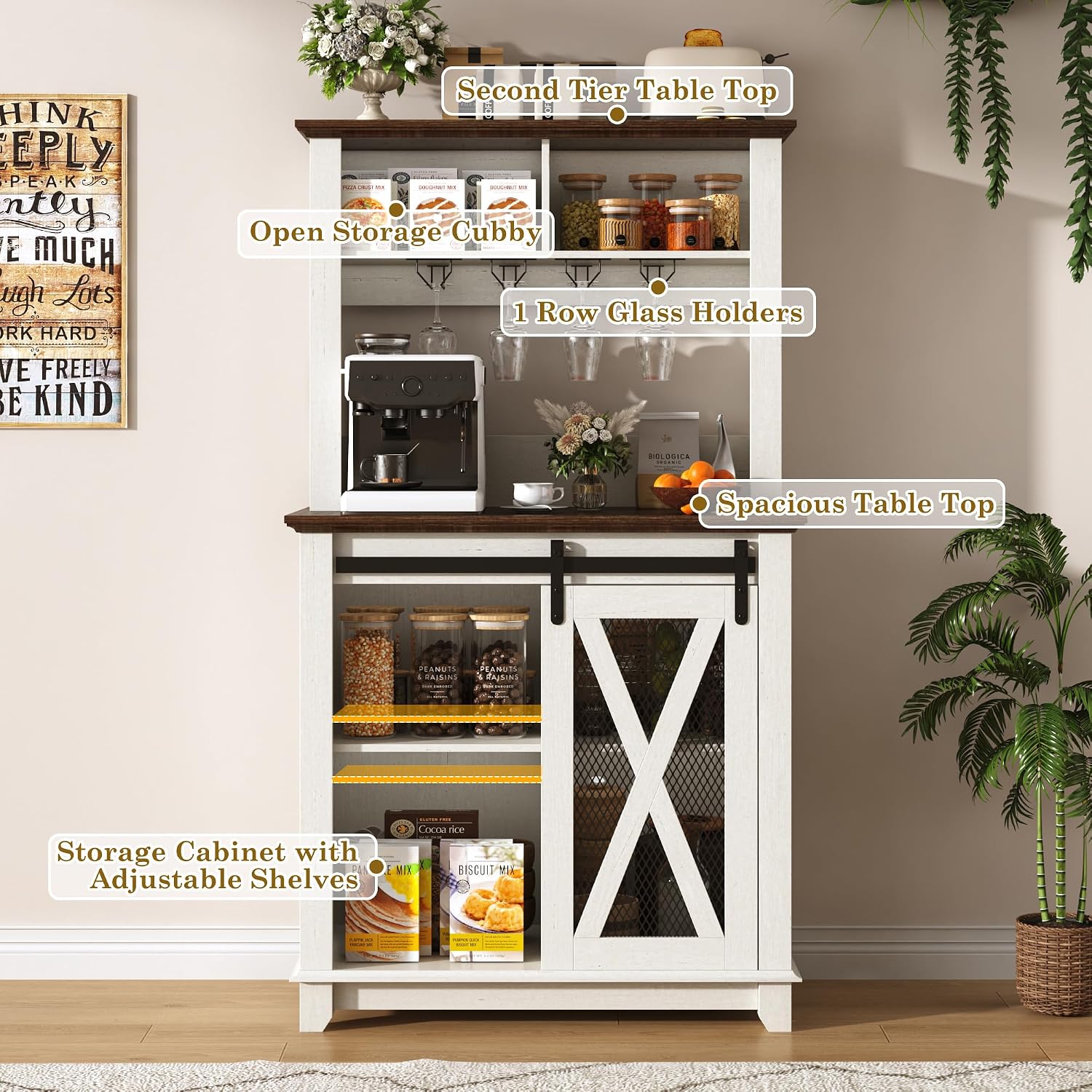 31.5"Wide Farmhouse Coffee Bar Cabinet with LED Light,Wine Bar Cabinet w/2 Storage Hutch,Kitchen Buffet Cabinet w/Sliding Barn Door & Wine and Glass Racks for Kitchen Dining Room(Antique White)