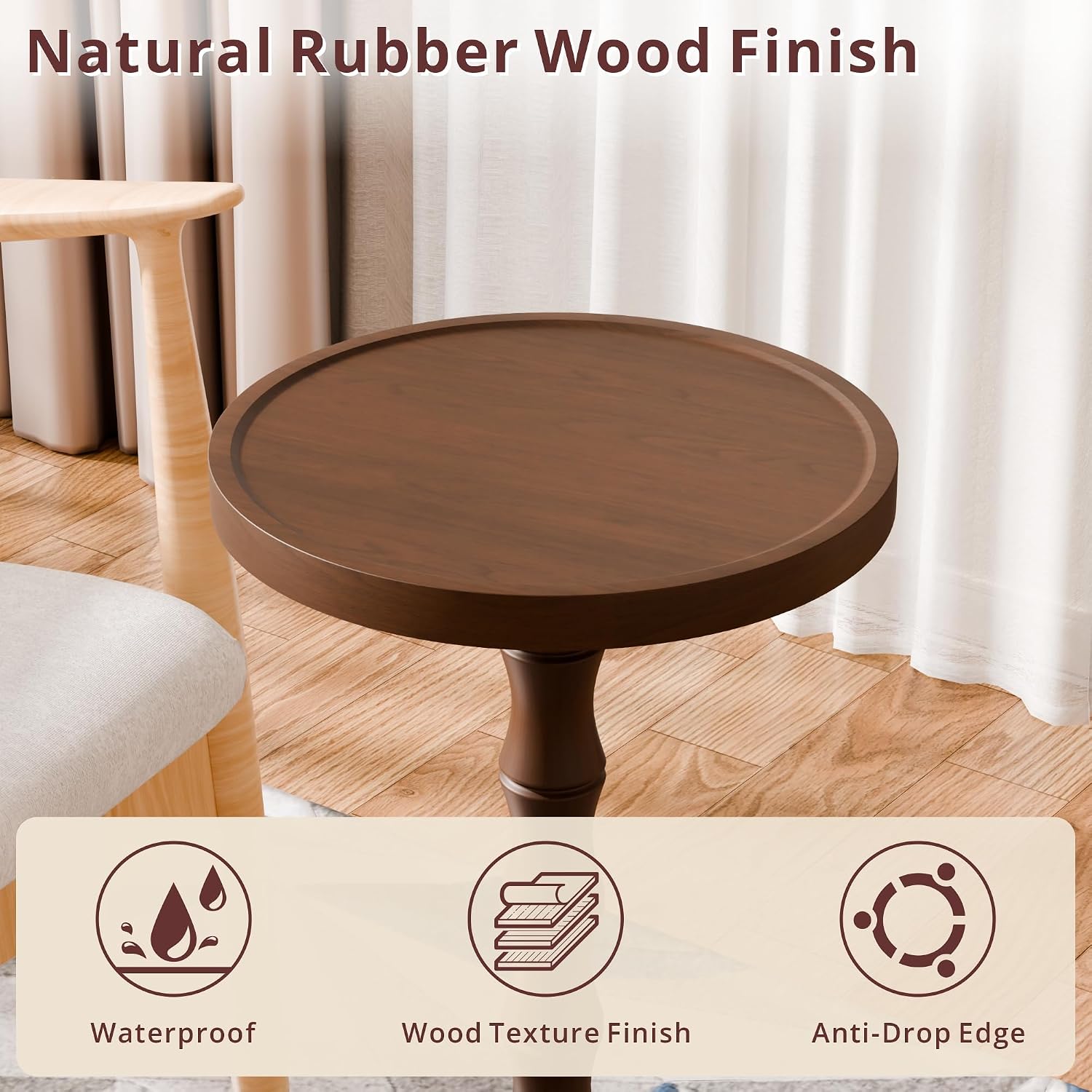 Small Round Side Table, Rubber Wood‌ End Table for Small Spaces, Modern Accent Tables, Solid Wood Drink Tables for Living Room, Bathroom, Bedroom, Couch (Dark Walnut, 11.8 inch)