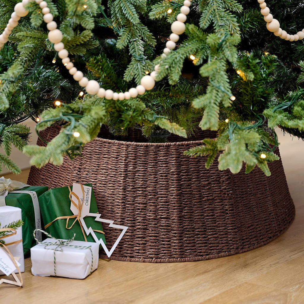 Hommtina Christmas Tree Collar- 33",Christmas Tree Base Christmas Basket Collar for Home, Living Room,for Covering Tree Stand (Brown3, 33 in)