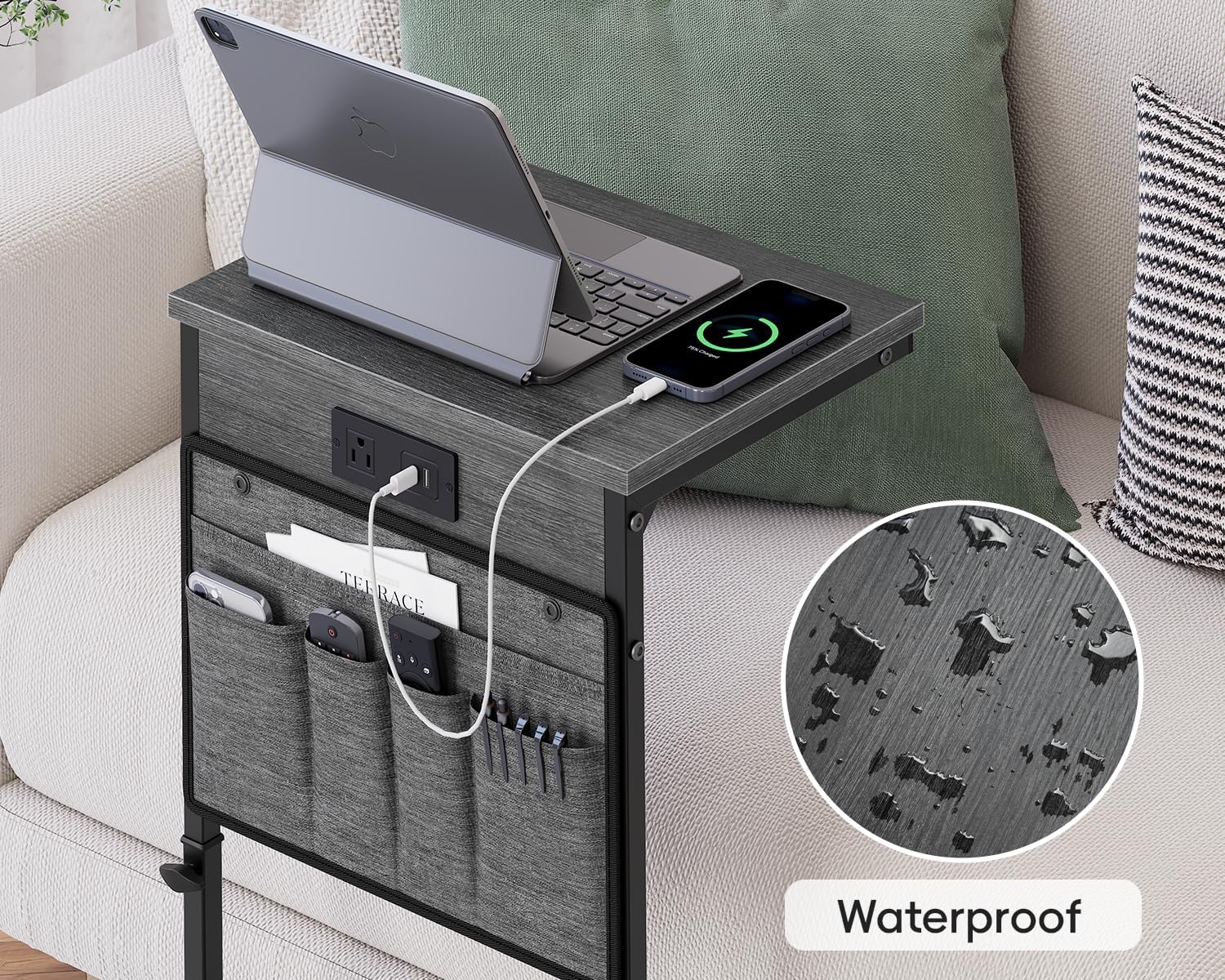 Vagusicc C-Shaped End Table with Charging Station, Small Side Table for Couch, 33" Tall Adjustable Height C Table, Couch Tables that Slide Under, Sofa Table TV Tray for Living Room, Gray Walnut