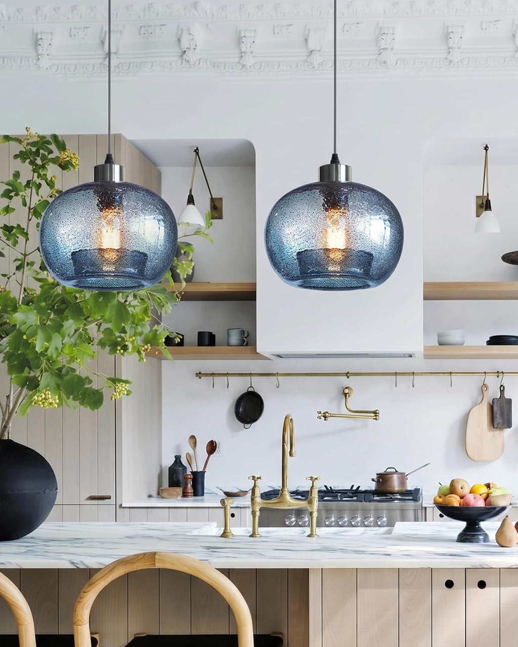 CASAMOTION Hand Blown Glass Pendant Lights Kitchen Island Marble Blue Color Modern Rustic Style Ceiling Hanging Light Fixtures Dining Room Brushed Nickel 8.7 Inch Diameter 2 Pack