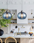 CASAMOTION Hand Blown Glass Pendant Lights Kitchen Island Marble Blue Color Modern Rustic Style Ceiling Hanging Light Fixtures Dining Room Brushed Nickel 8.7 Inch Diameter 2 Pack