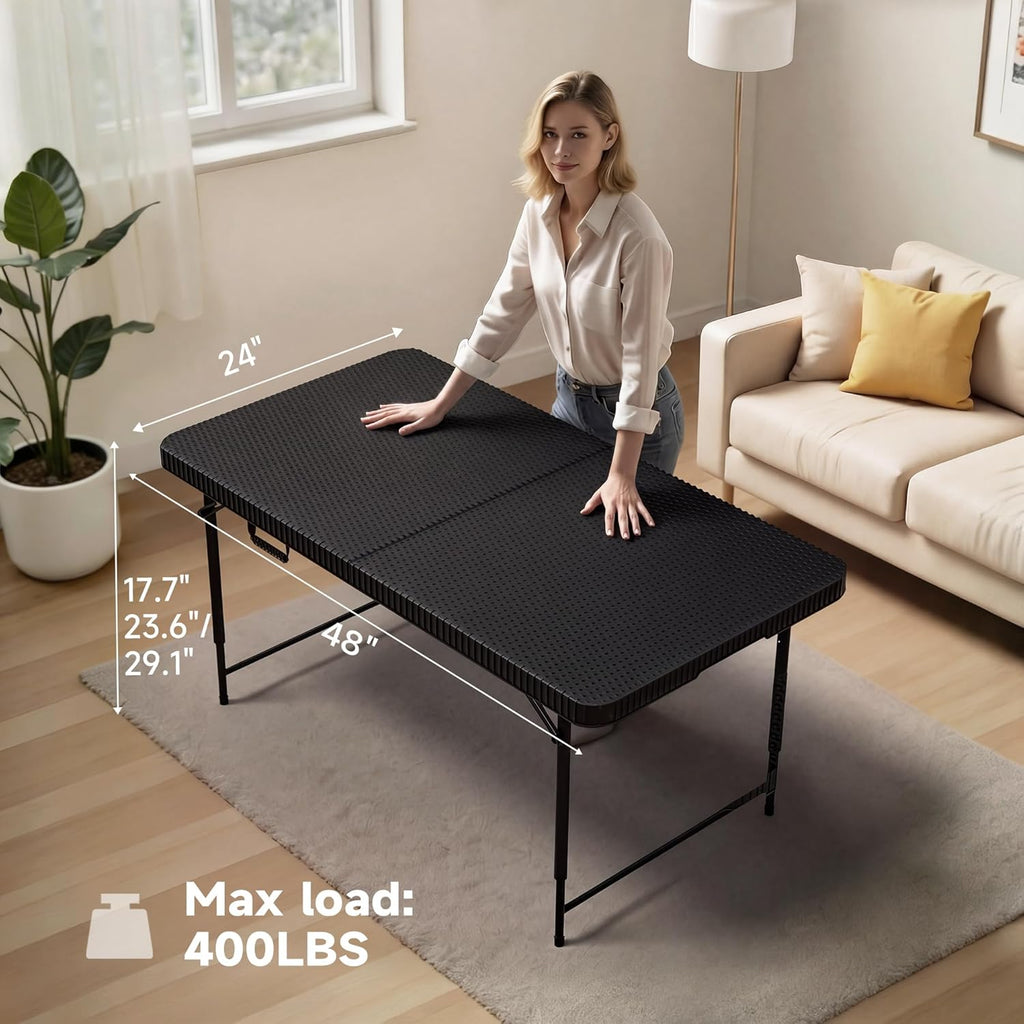 Folding Table 4 Foot, 3-Position Adjustable Height, Heavy Duty 440LBS Capacity, HDPE Wicker Pattern, Portable Tables Folding for Camping, Party, Indoor & Outdoor Use, 1 Pack.