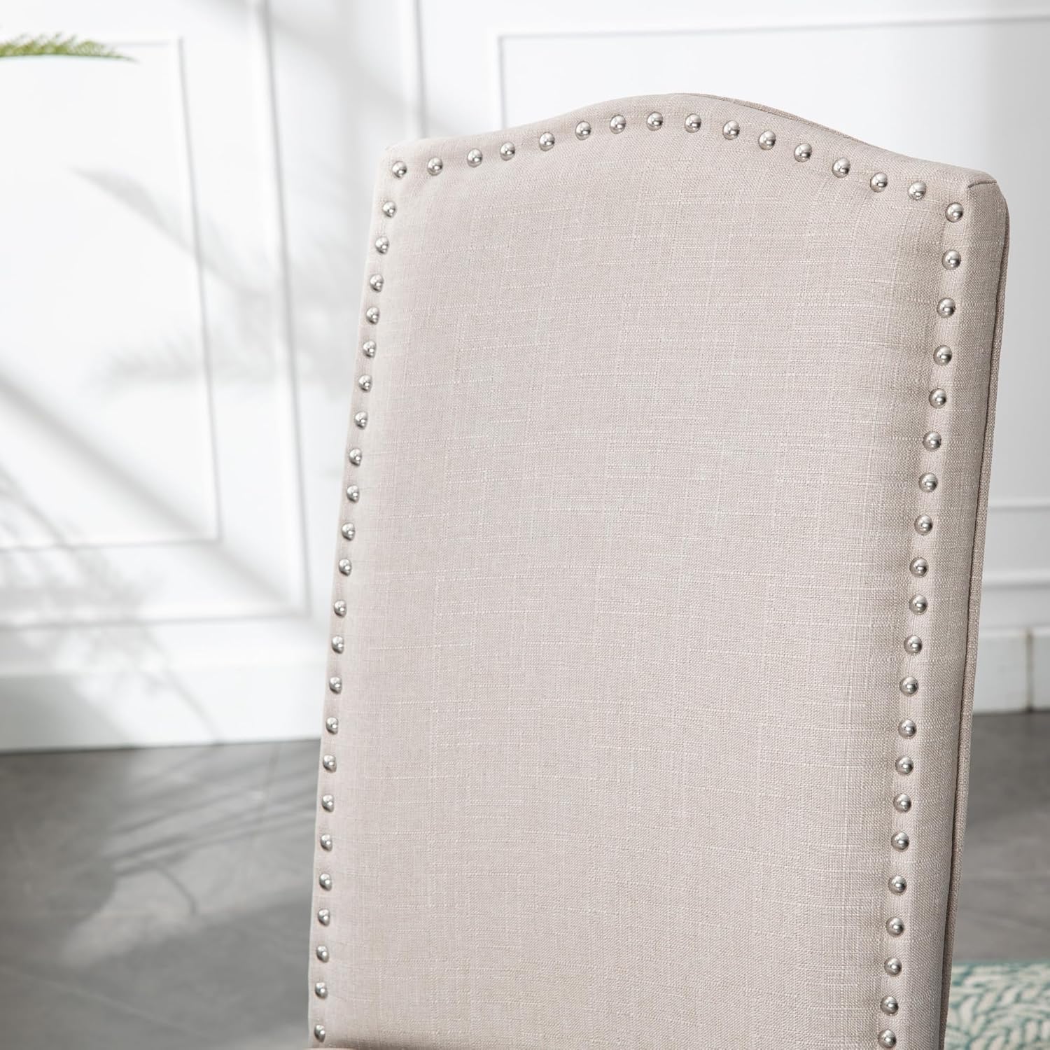 Upholstered Dining Chair Modern Stylish Parsons Kitchen Diner High Back with Silver Nailhead Trim & Wood Legs, Set of 4, Fabric Beige