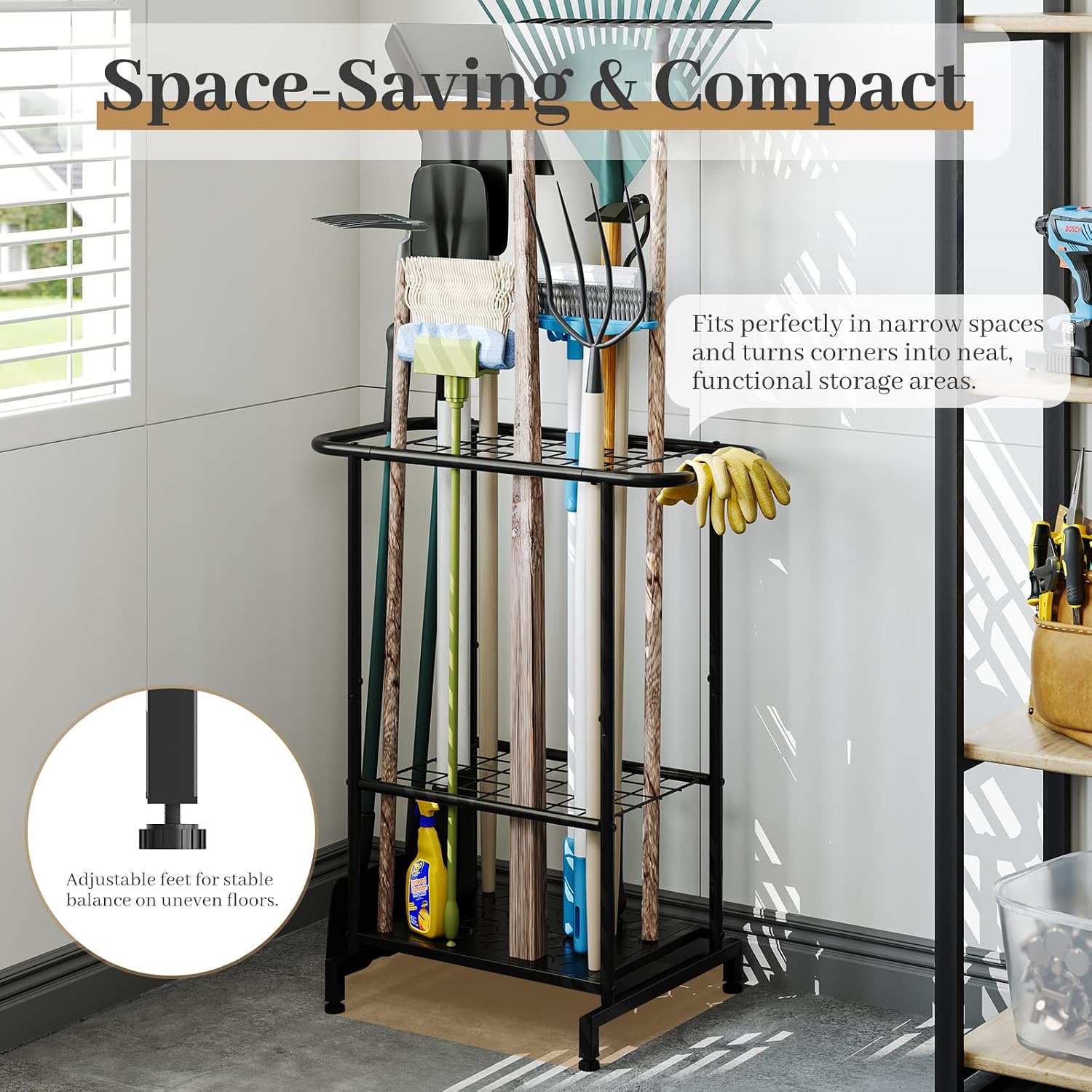 Garden Tool Organizer with Wheels, Heavy Duty Metal Garage Tool Storage Rack, Yard Tool Holder for Long-Handled Tools, Rakes and Brooms, Indoor and Outdoor Use for Shed, Patio
