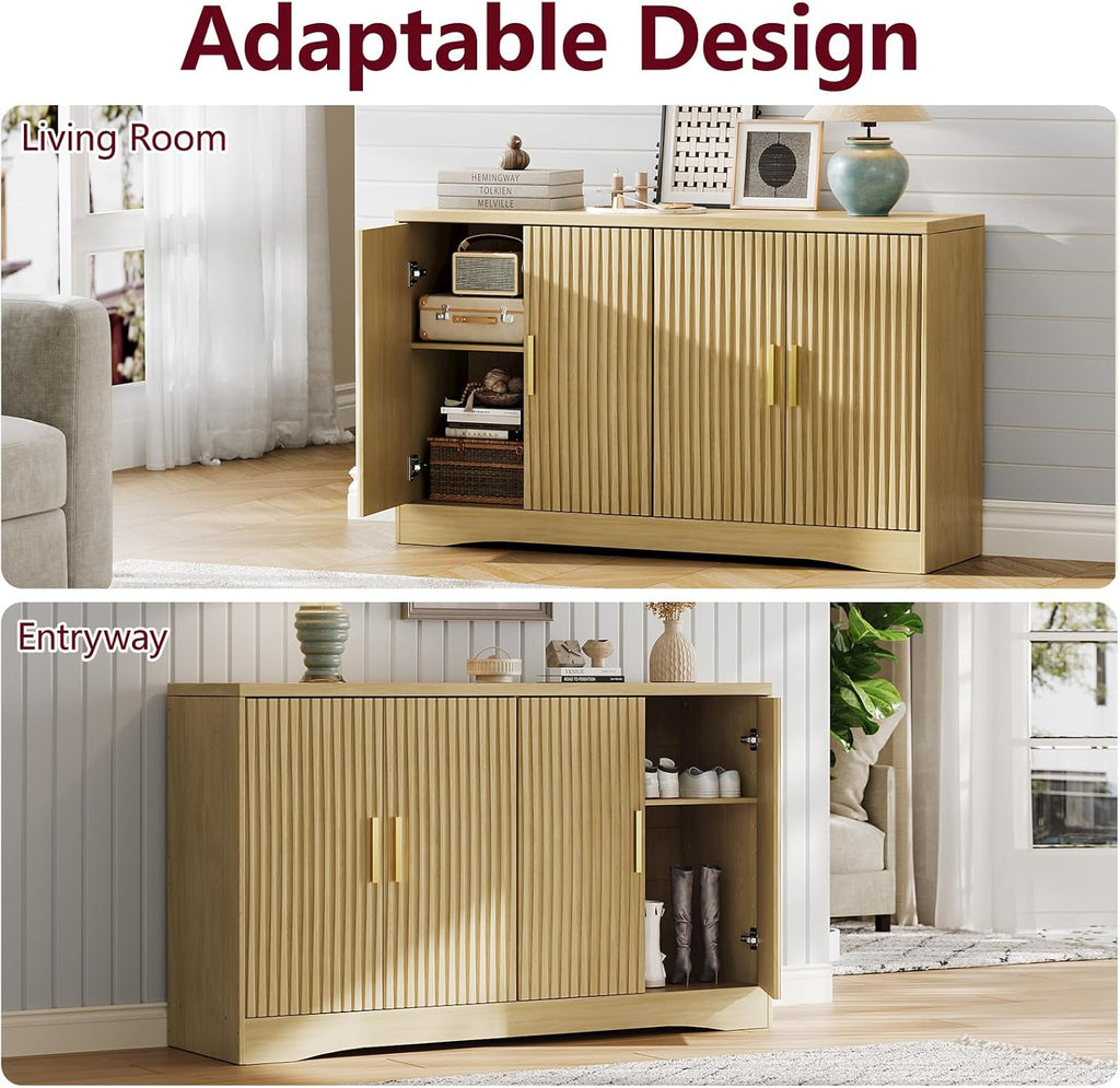Memobarco 55" Modern Sideboard Buffet Cabinet with Storage, 4 Door Fluted Credenza Table Media Console Cabinet Entryway Cabinets with Adjustable Shelves for Living Room Kitchen, Wood