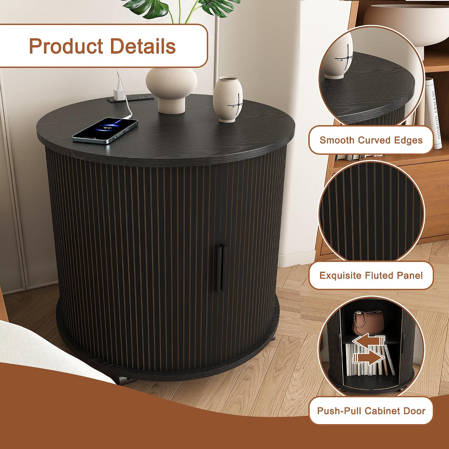 Mid Century Modern Side Tables Living Room with Charging Station, Small Side Table with Sliding Door, 24" Large Round End Tables Living Room with 2-Tier Storage, Black Nightstand for Bedroom, Entryway