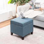 Linen Storage Ottoman with Wooden Legs, 17" Square Upholstered Flip-Top Footrest Stool, Extra Seat or Coffee Table for Living Room, Bedroom, Entryway, Blue