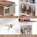 Keyluv Kitchen Storage Island with 2 Stools, 51.2” Mobile Kitchen Cart with Drop Leaf & Power Outlet, Rolling Island Table Dining Room Buffet with 2 Drawers & Side Storage Rack &Towel Rack, White