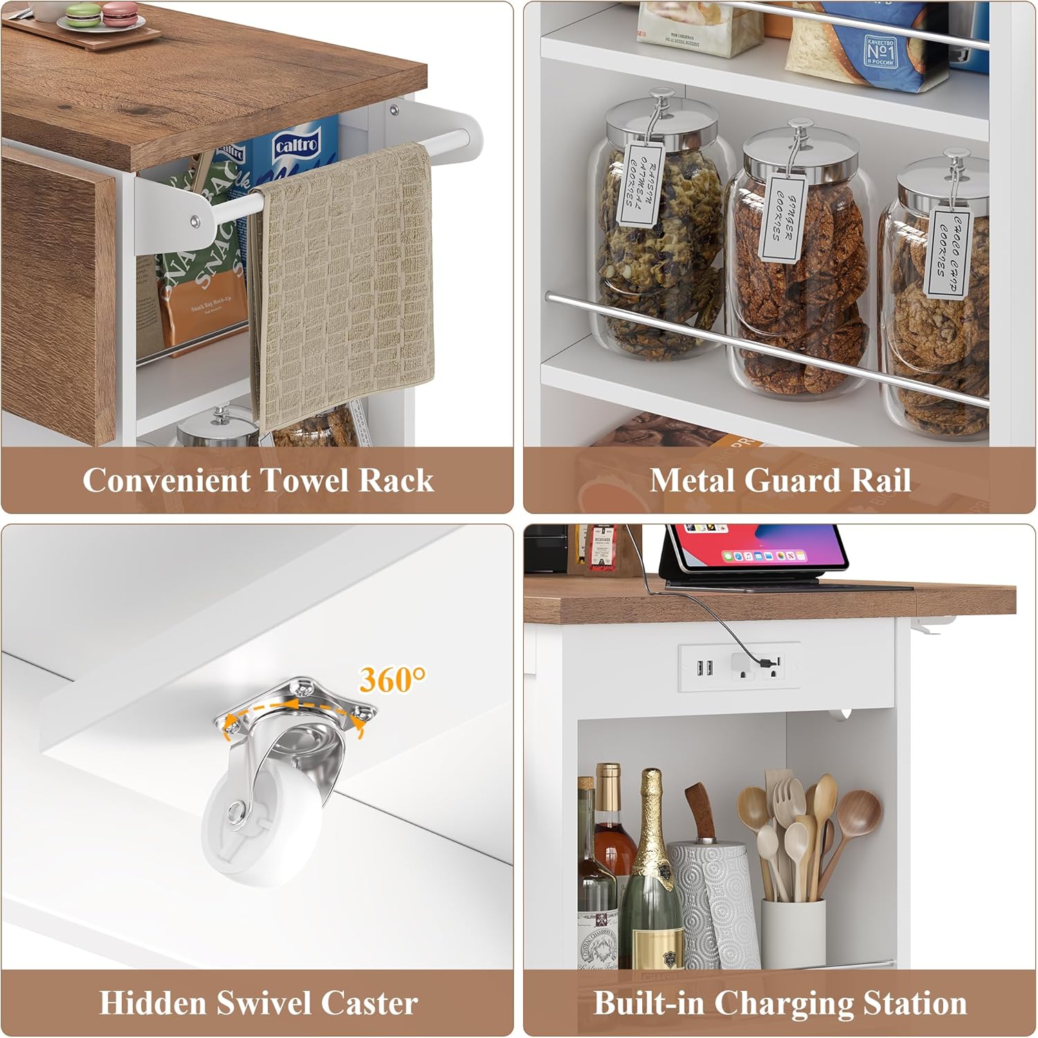 Keyluv Kitchen Storage Island with 2 Stools, 51.2” Mobile Kitchen Cart with Drop Leaf & Power Outlet, Rolling Island Table Dining Room Buffet with 2 Drawers & Side Storage Rack &Towel Rack, White