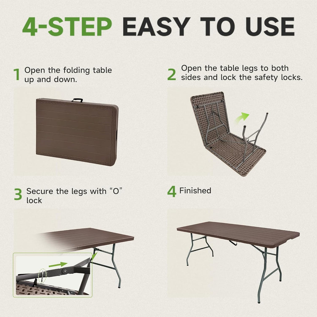 Folding Table 6 Foot, Heavy Duty 600 LBS Capacity, HDPE Wood Grain Pattern, Sturdy Design with Safety Lock, Portable Tables Folding for Camping, Party, Indoor & Outdoor Use, 1 Pack