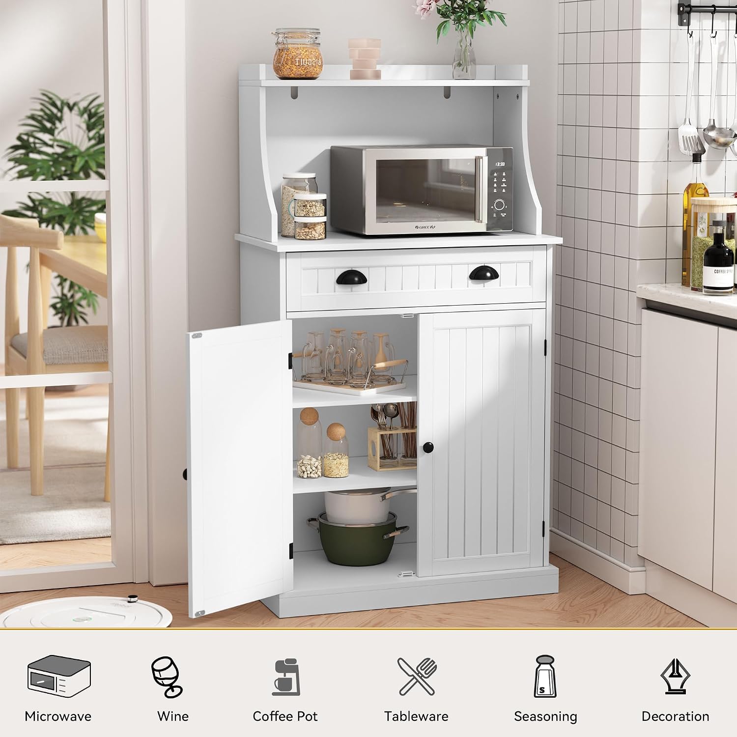ARTPOWER 54" Kitchen Microwave Cabinet/Stand with Storage and Drawers, Pantry Storage Cabinet with Hutch & Adjustable Shelves for Kitchen, Dining Room, Living Room, Hallway in White