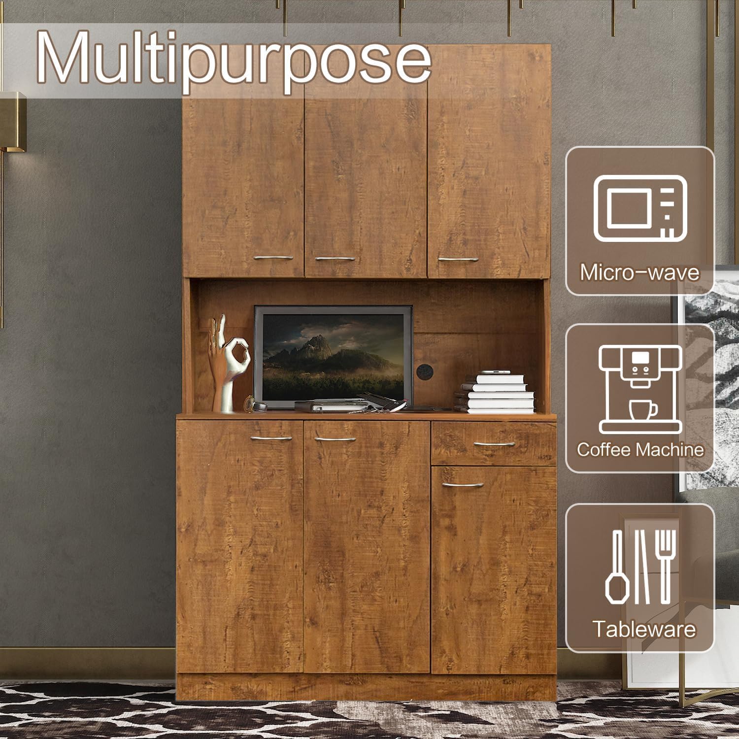 71" Kitchen Pantry Cabinets with Microwave Stand, 6 Doors & 3 Adjustable Shelves, Freestanding China Cabinet Hutch, Buffet Cabinet with Storage, Walnut