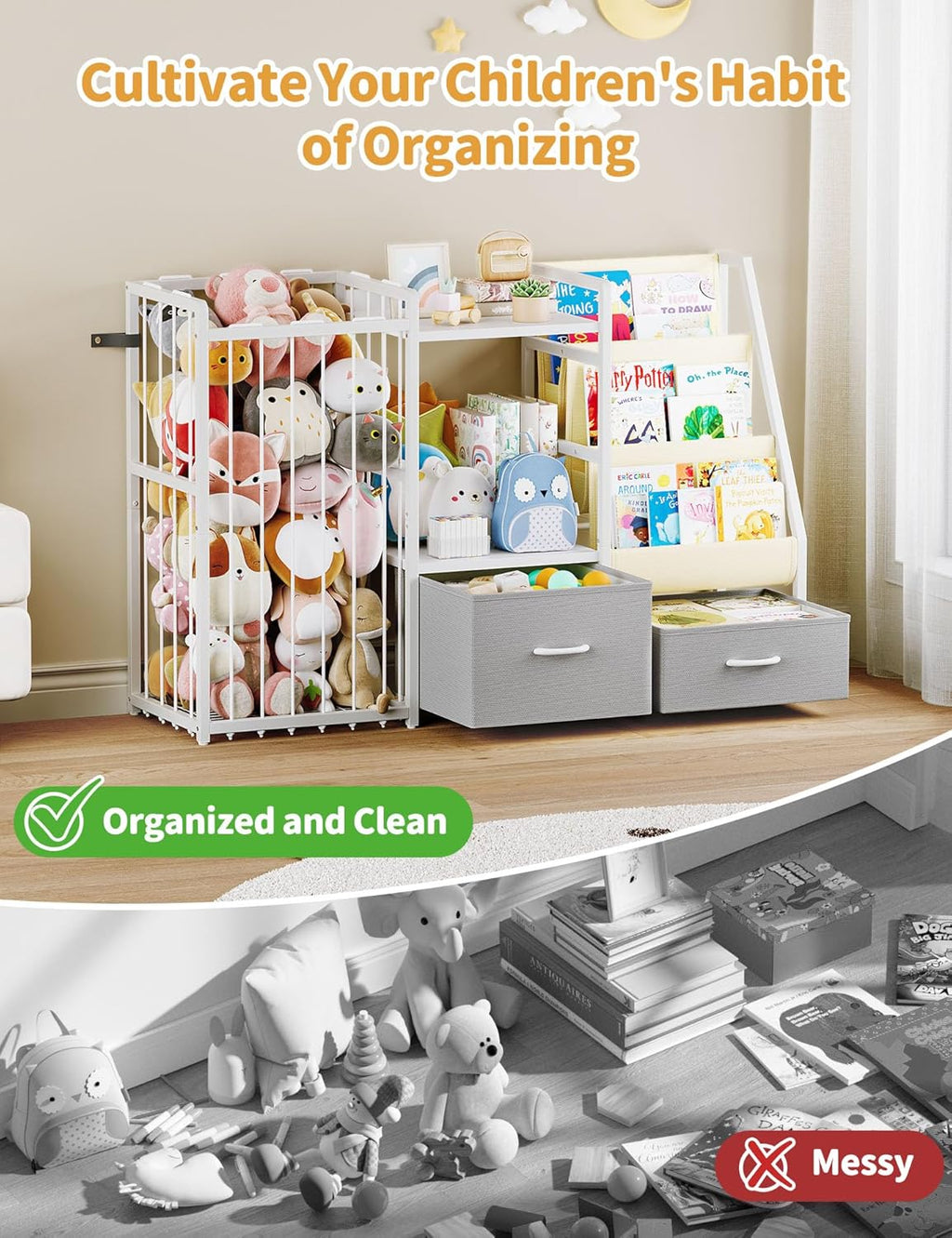 Twinkoo Kids Bookshelf and Toy Storage, Large 3 Tier Book Shelf for Kids Rooms, Sling Baby Bookcase with Stuffed Animal Storage, Toddler Montessori Bookshelf (Grey, 3 Column)