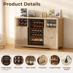 Coffee Bar Cabinet with Fridge Space, 53"L Wine Cabinets with Storage Drawer, Wood Buffet Sideboard Table, Fluted Liquor Cabinet with Wine Rack for Home Living Room,20"D x 53.1"W x 39.4"H-Natural Oak
